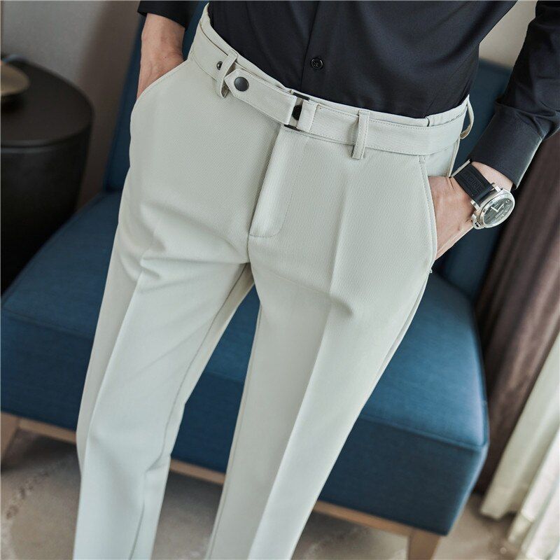 Plus Size 38 36 Fashion Belt Design Pinstripes Men Formal Trousers Simple Slim