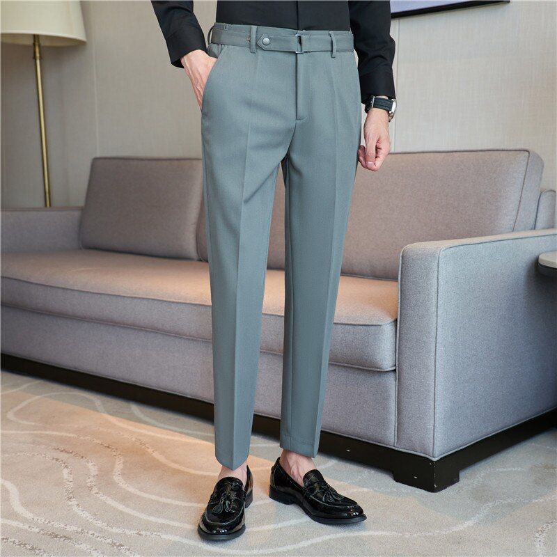 Plus Size 38 36 Fashion Belt Design Pinstripes Men Formal Trousers Simple Slim