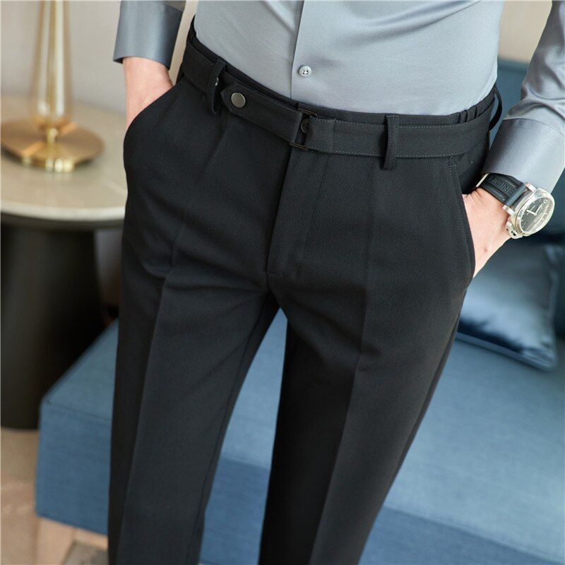 Plus Size 38 36 Fashion Belt Design Pinstripes Men Formal Trousers Simple Slim