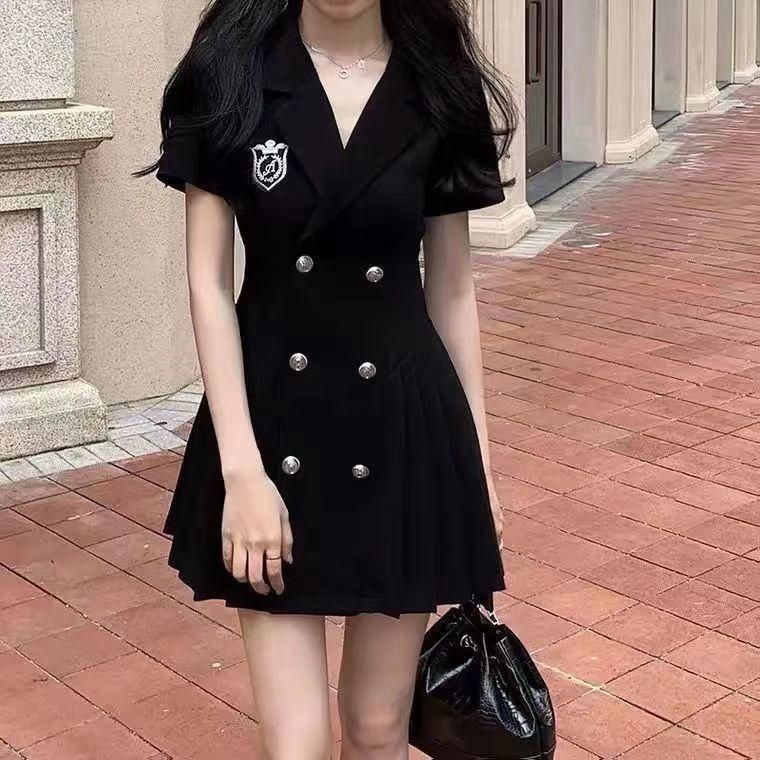 2023 Suit Collar Preppy Style Dress Women's Summer Back Strap Bow Pleated Skirt School Flower Women's Main Dress