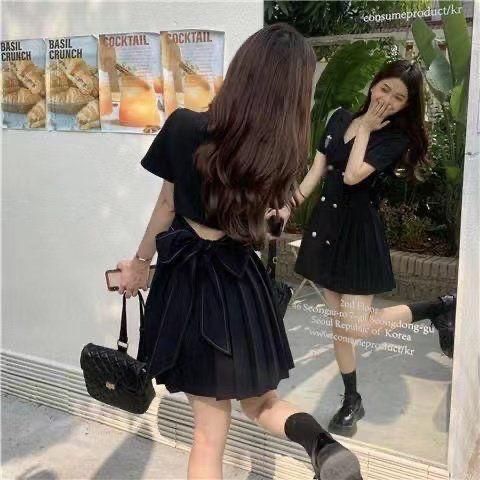 2023 Suit Collar Preppy Style Dress Women's Summer Back Strap Bow Pleated Skirt School Flower Women's Main Dress