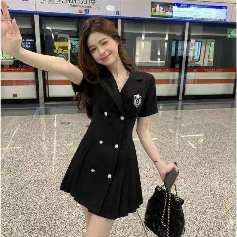 2023 Suit Collar Preppy Style Dress Women's Summer Back Strap Bow Pleated Skirt School Flower Women's Main Dress