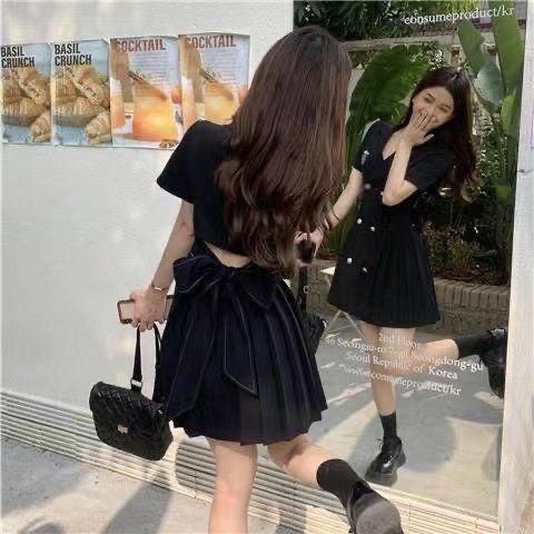 2023 Suit Collar Preppy Style Dress Women's Summer Back Strap Bow Pleated Skirt School Flower Women's Main Dress