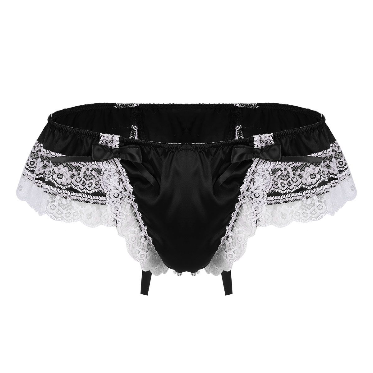 Black-Mens Sissy Shiny Soft Satin Y Floral Lace Back Briefs S With Bowknot