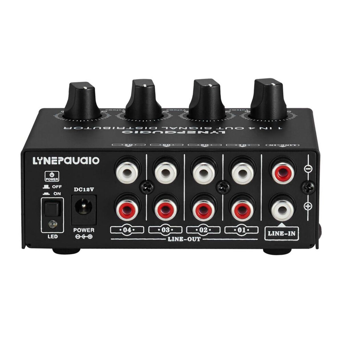LYNEPAUAIO 1-in-4-out Stereo Audio Amplifier Amp Signal Distributor 1 Channel Input 4 Channels Output RCA Interface Independent Volume Adjustment for Home Speakers
