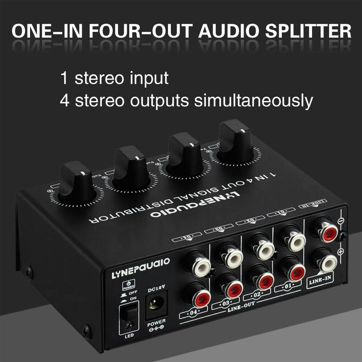 LYNEPAUAIO 1-in-4-out Stereo Audio Amplifier Amp Signal Distributor 1 Channel Input 4 Channels Output RCA Interface Independent Volume Adjustment for Home Speakers