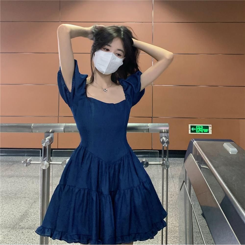 Square Collar Denim Dress for Women Spring Korean Style 2022 New Arrival Salty Sweet Waist Slimming Puff Short Sleeve Skirt