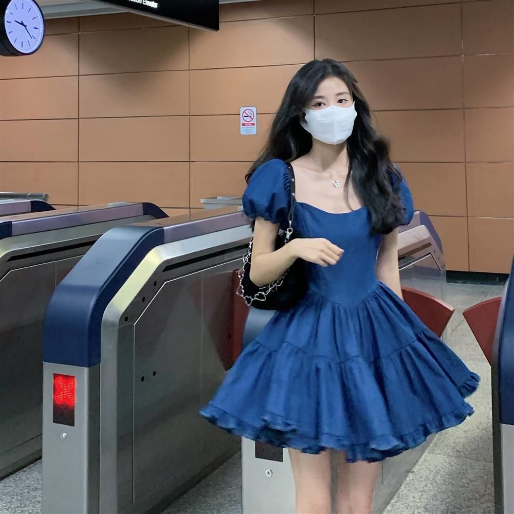 Square Collar Denim Dress for Women Spring Korean Style 2022 New Arrival Salty Sweet Waist Slimming Puff Short Sleeve Skirt