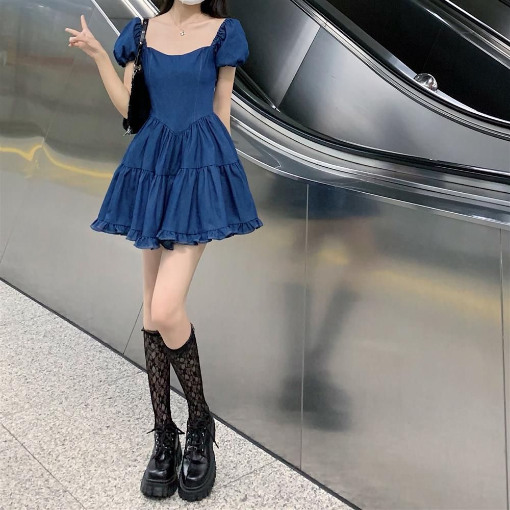 Square Collar Denim Dress for Women Spring Korean Style 2022 New Arrival Salty Sweet Waist Slimming Puff Short Sleeve Skirt