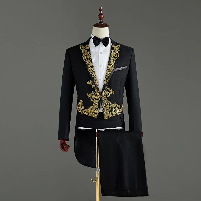 (black)(Jacket+Pants) 2 Piece Wedding Suit White Embroidery Tailcoat Set Singer Host Swallowtail Costumes Magician Chorus Stage Suits MAA