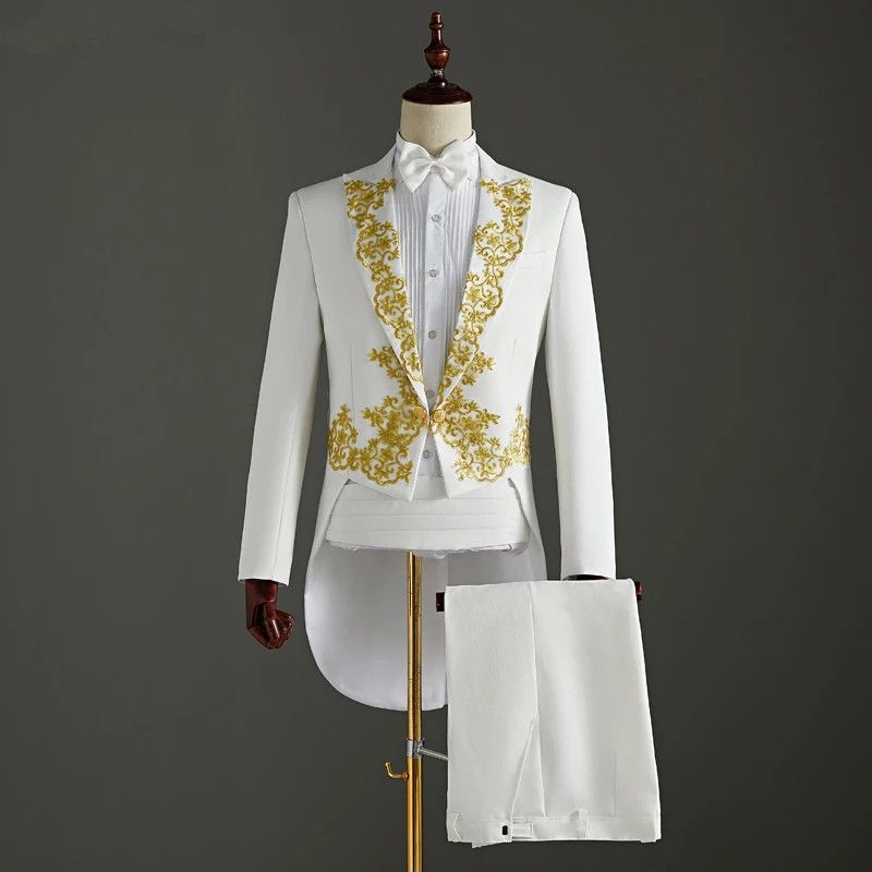 (black)(Jacket+Pants) 2 Piece Wedding Suit White Embroidery Tailcoat Set Singer Host Swallowtail Costumes Magician Chorus Stage Suits MAA