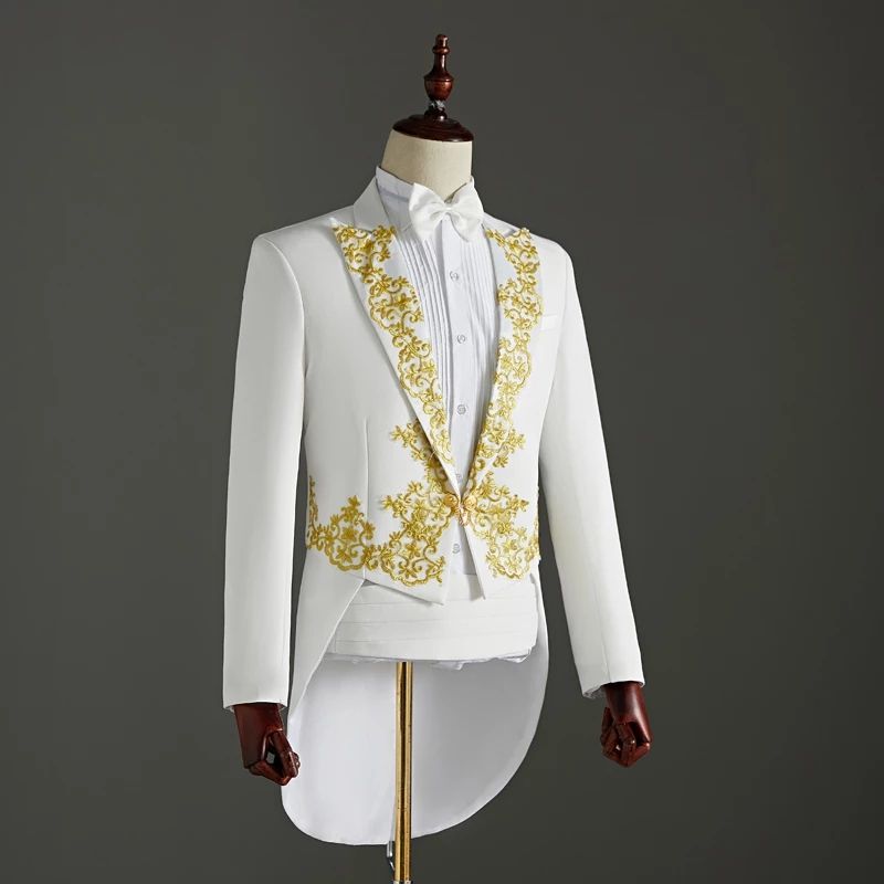 (black)(Jacket+Pants) 2 Piece Wedding Suit White Embroidery Tailcoat Set Singer Host Swallowtail Costumes Magician Chorus Stage Suits MAA