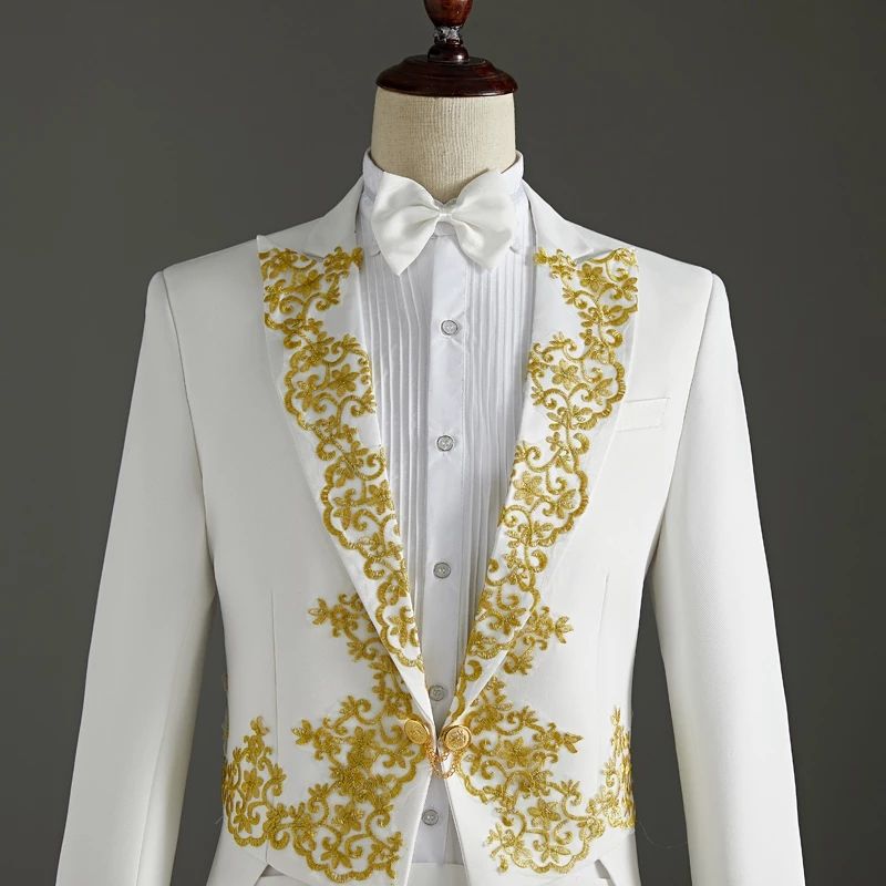 (black)(Jacket+Pants) 2 Piece Wedding Suit White Embroidery Tailcoat Set Singer Host Swallowtail Costumes Magician Chorus Stage Suits MAA