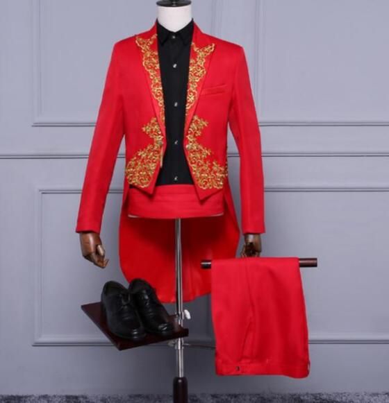 (black)(Jacket+Pants) 2 Piece Wedding Suit White Embroidery Tailcoat Set Singer Host Swallowtail Costumes Magician Chorus Stage Suits MAA