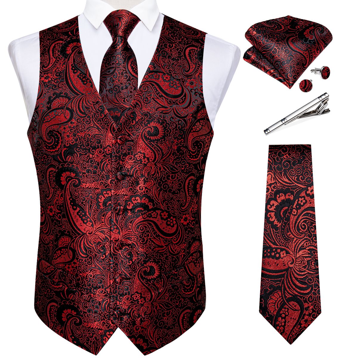 (MJ-0127)New Men's Silk Vests Formal Dress Suit Vest Tie Set For Wedding Male Satin Burgundy Red Waistcoat Sleeveless Jacket Casual Top WAR