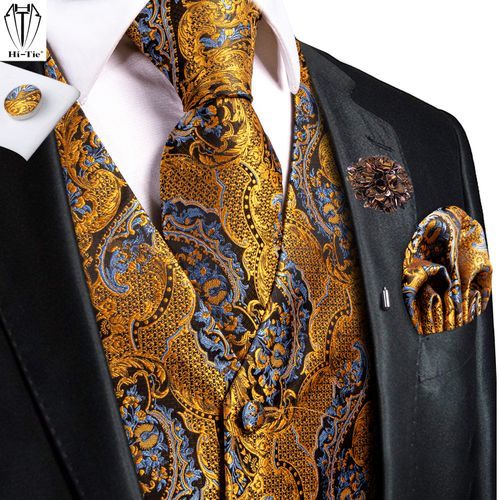 (MJ-3006-0079)Hi-Tie Orange Brown Gold Blue Red Silk Men's Vests Jacquard Waistcoat Tie Hanky Cuff Buttons Brooch Set For Men Wedding Office ACU