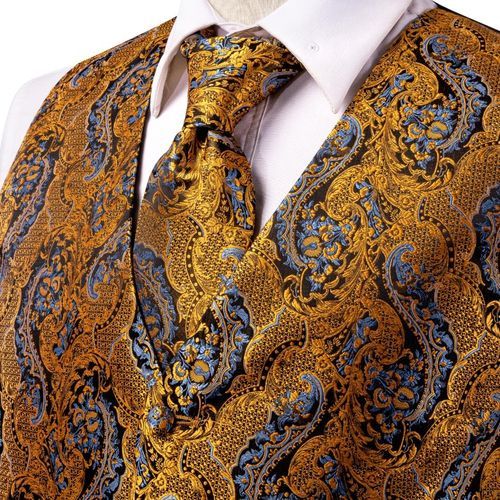 (MJ-3006-0079)Hi-Tie Orange Brown Gold Blue Red Silk Men's Vests Jacquard Waistcoat Tie Hanky Cuff Buttons Brooch Set For Men Wedding Office ACU