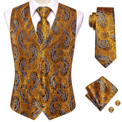 (MJ-3006-0079)Hi-Tie Orange Brown Gold Blue Red Silk Men's Vests Jacquard Waistcoat Tie Hanky Cuff Buttons Brooch Set For Men Wedding Office ACU
