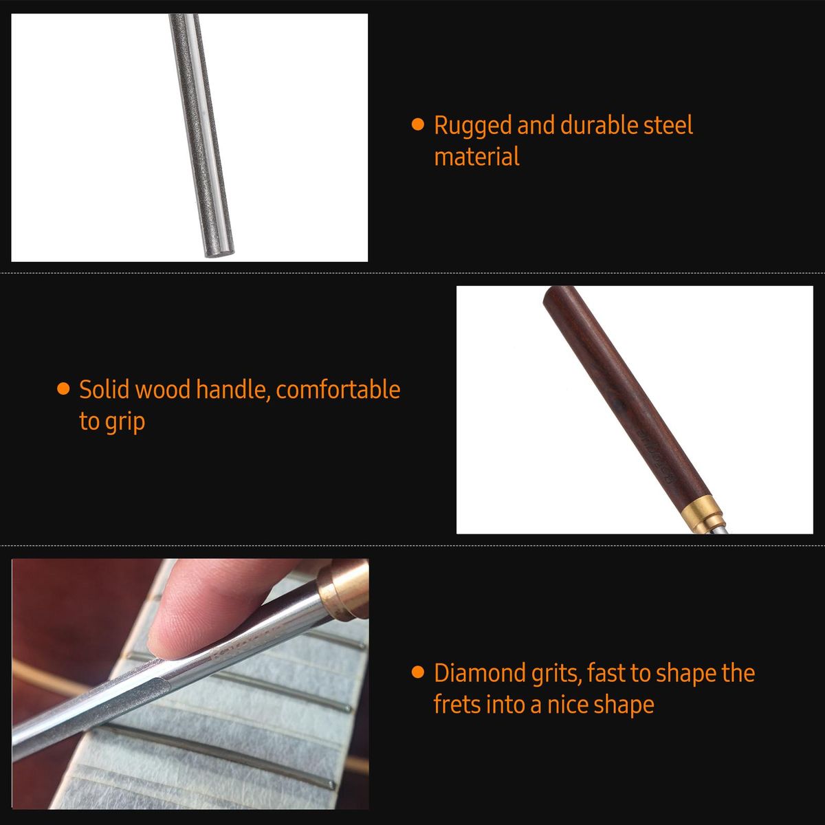 Baroque Guitar Fret Crowning File Fret Repairing Tools with 4 Size Edges Narrow/Medium/Wide Notch Edges and Flat Edges Wood Handle Luthier Tools for Guitars Ukuleles Bass Banjo Mandolin