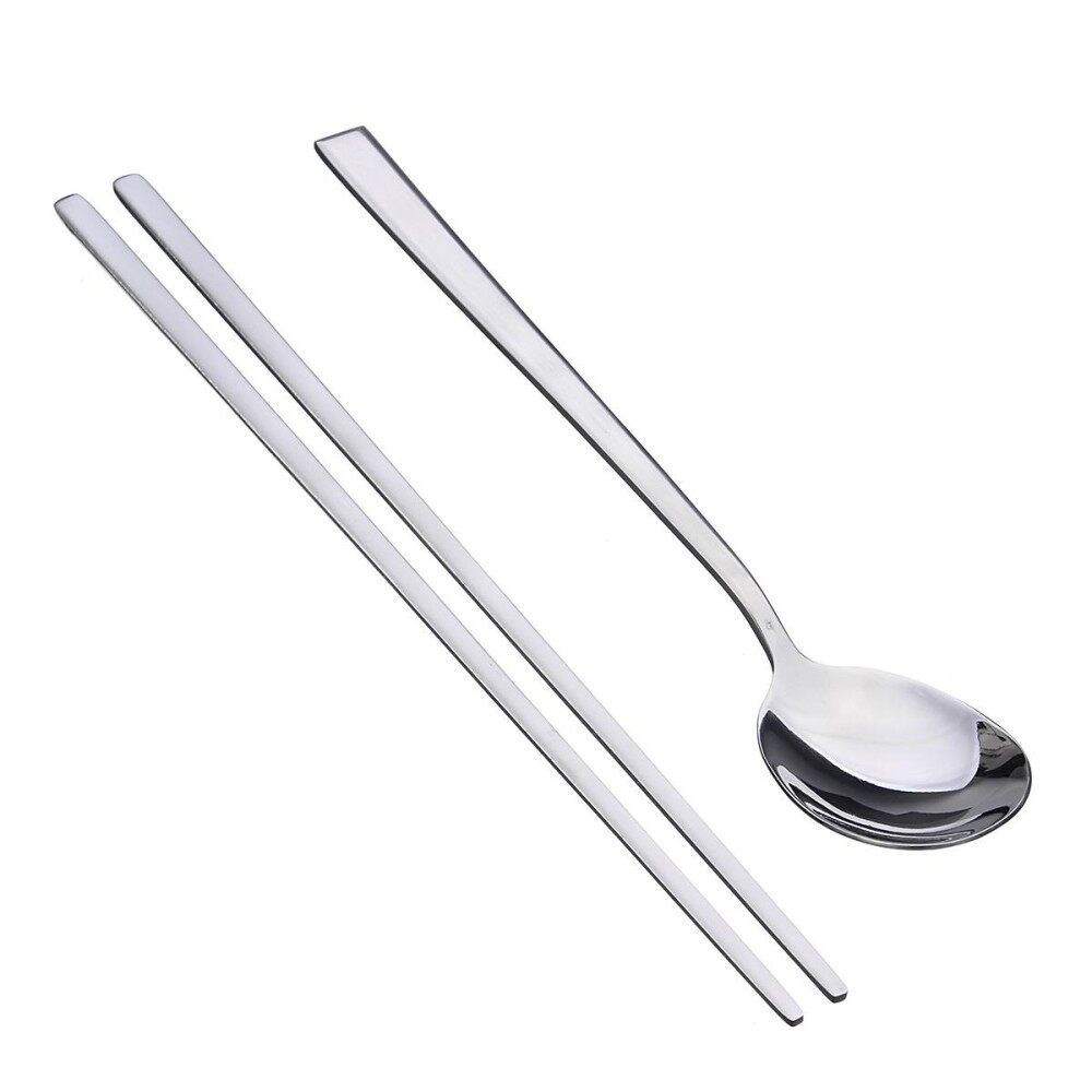 Korean 2 Sets Stainless Steel Chopsticks & Spoon Tableware Sliver