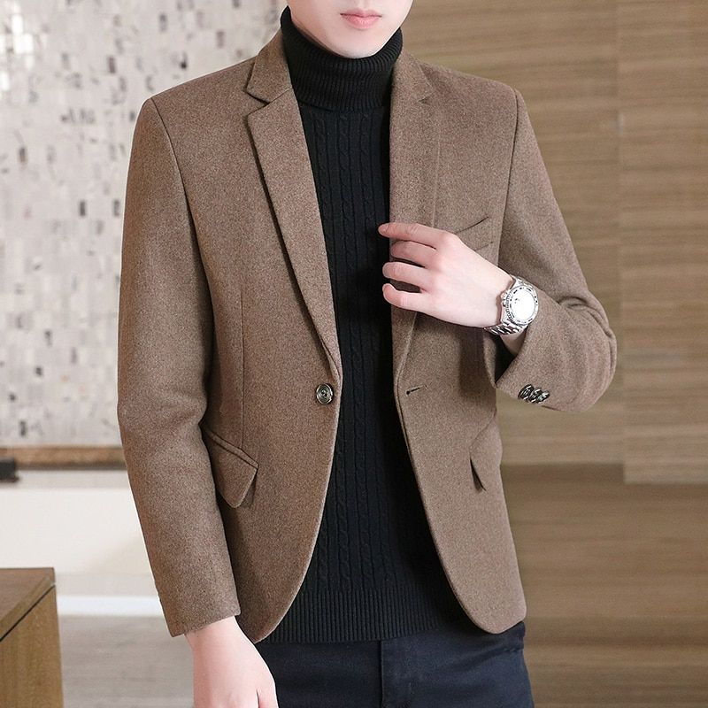 High Quality Men's Suit Coat Single On Business Casual Wool Blended-Brown