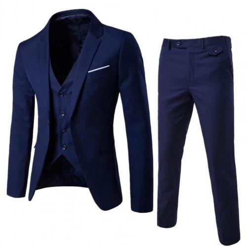1 Set Men Suit Slim Single-breasted Korean Style Blazer Zipper Fly Pants Light Navy