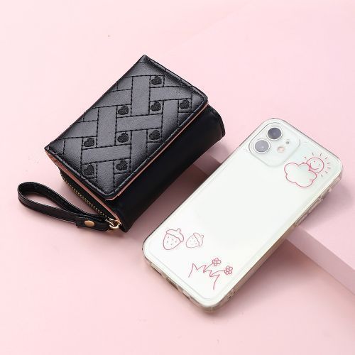 Women's Short Wallet,Small Heart PU Leather Wallet Credit Card Purse（Black）