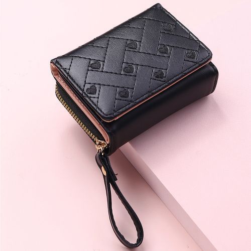 Women's Short Wallet,Small Heart PU Leather Wallet Credit Card Purse（Black）