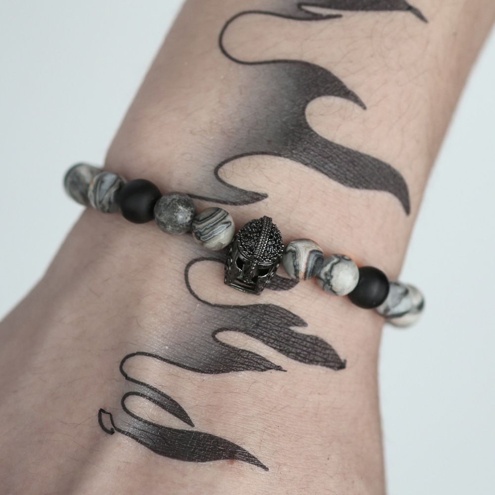 Volcanic Stone Beaded Bracelet Spartan Warrior Helmet Bracelet