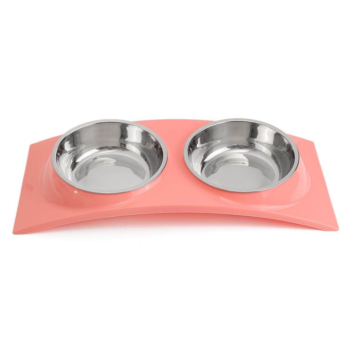 Stainless Steel Double Pet Dog Cat Bowl Puppy Food Water Feeder Feeding Dish Pink