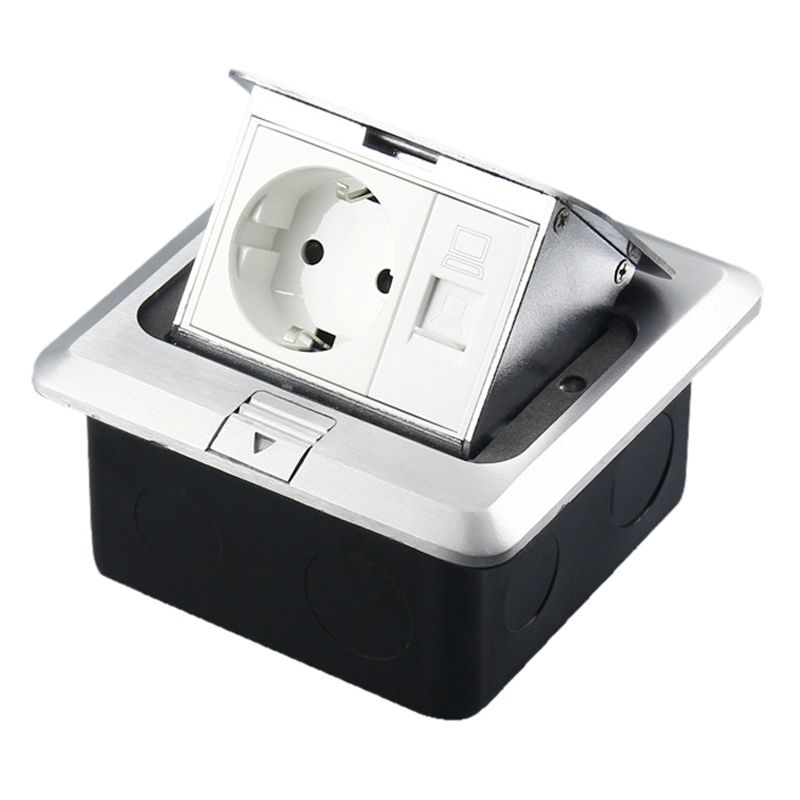 Aluminum Alloy Computer Floor Socket With Cover Bottom Box, EU Plug