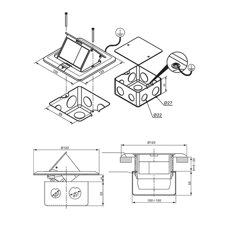 Aluminum Alloy Computer Floor Socket With Cover Bottom Box, EU Plug