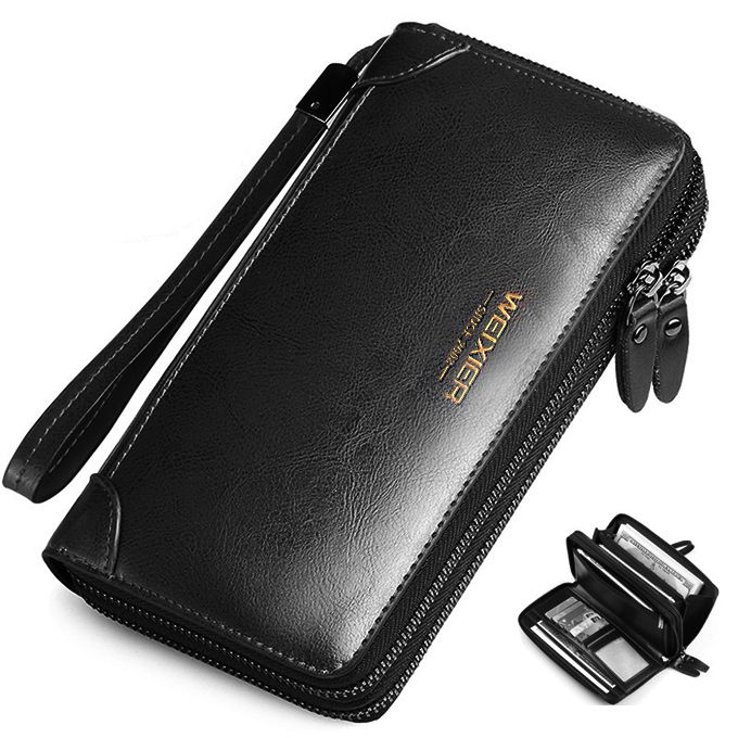 Men's Leather Wallet Large Capacity Purse Men's Clip Bag Card Bag-Black