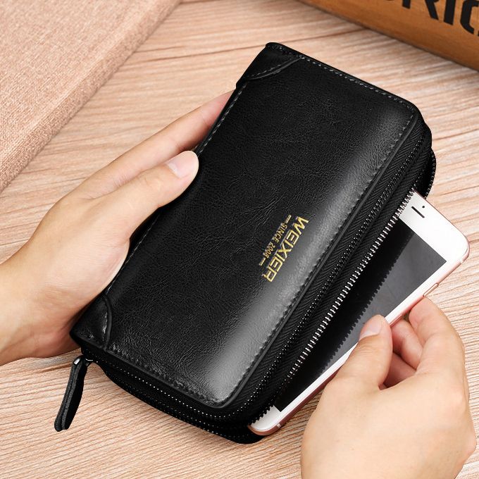 Men's Leather Wallet Large Capacity Purse Men's Clip Bag Card Bag-Black