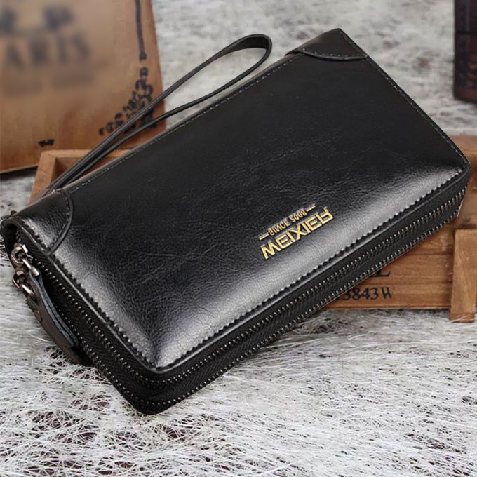 Men's Leather Wallet Large Capacity Purse Men's Clip Bag Card Bag-Black
