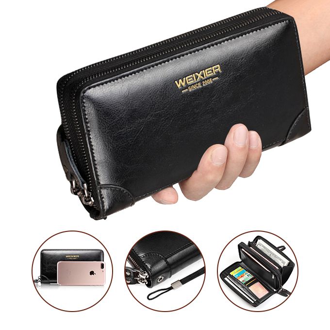 Men's Leather Wallet Large Capacity Purse Men's Clip Bag Card Bag-Black