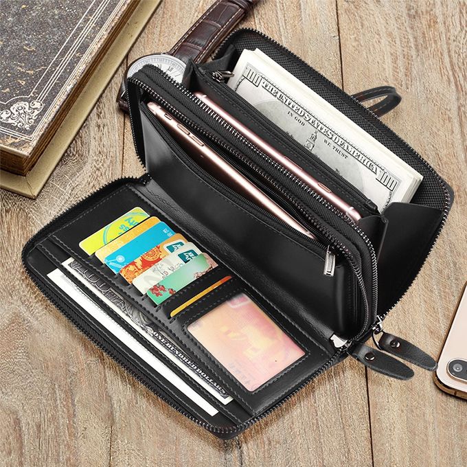 Men's Leather Wallet Large Capacity Purse Men's Clip Bag Card Bag-Black