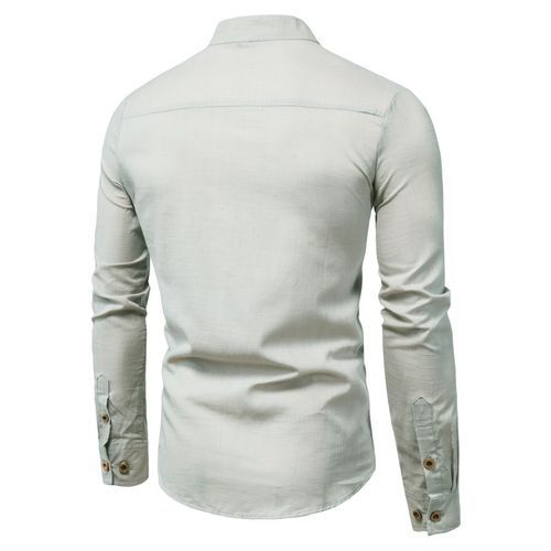 Men's Breathable Cotton Long Sleeve Henleys Plain Stand Collar Slim Shirt -Grey