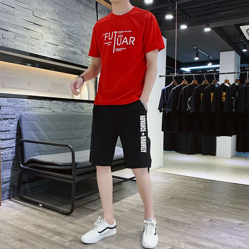 Men's 2 In 1 Short Sleeve T-Shirt & Shorts Set- Red