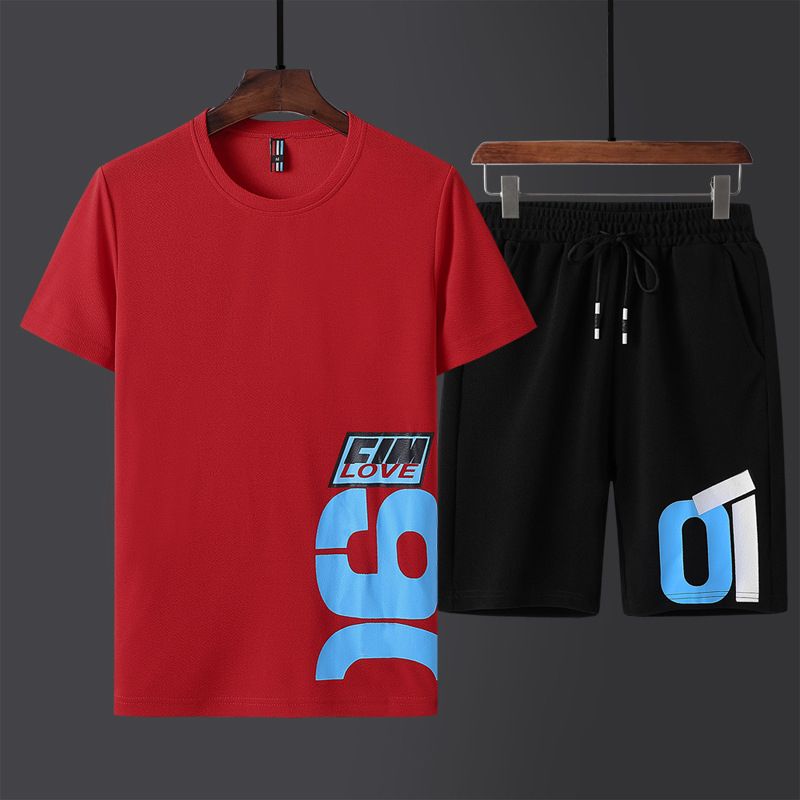 2 Piece Men's Round Neck Short Sleeve Polo Shirt & Shorts-Red