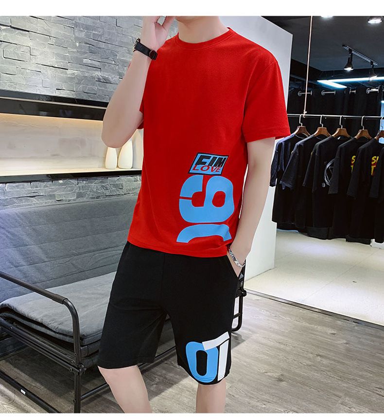 2 Piece Men's Round Neck Short Sleeve Polo Shirt & Shorts-Red