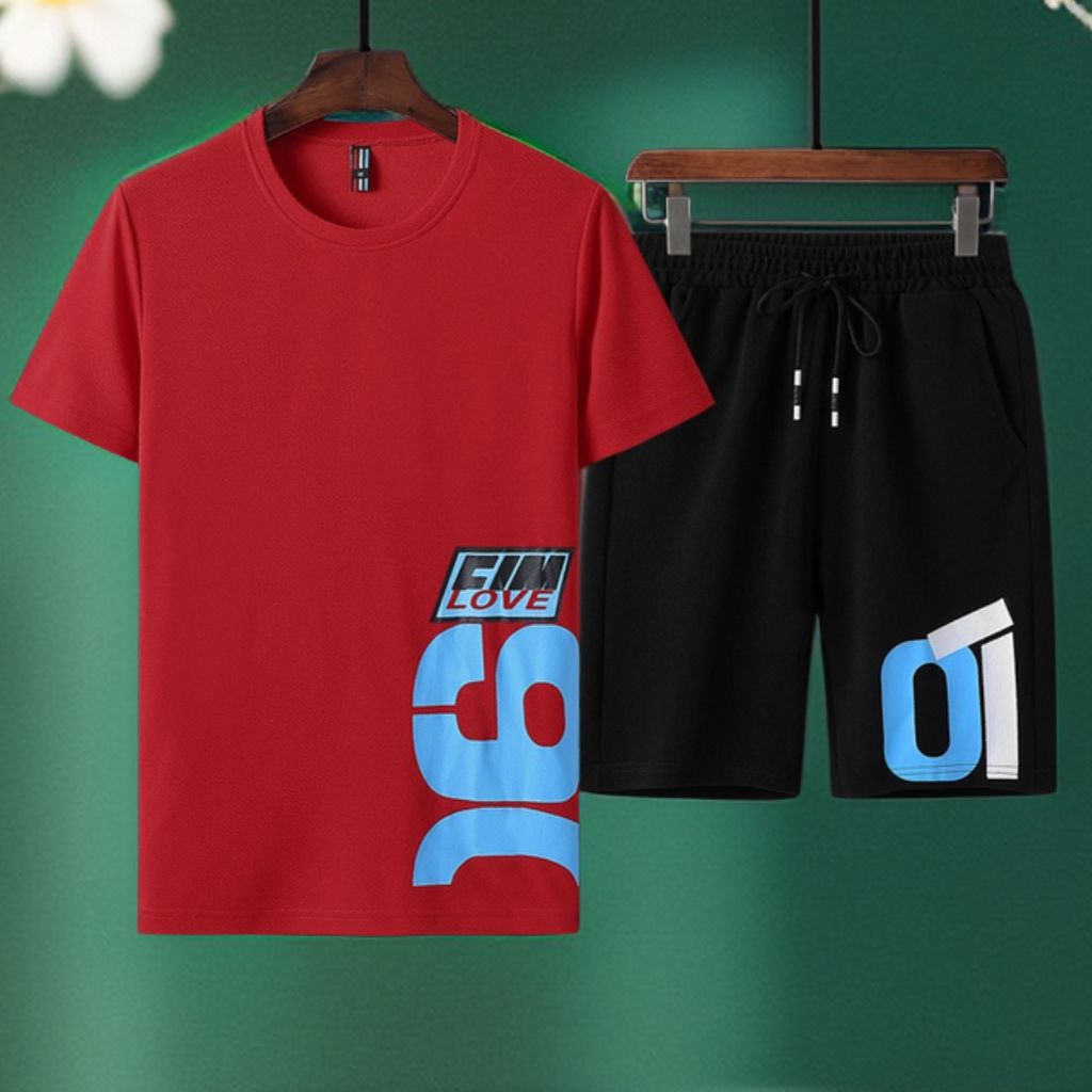 2 Piece Men's Round Neck Short Sleeve Polo Shirt & Shorts-Red