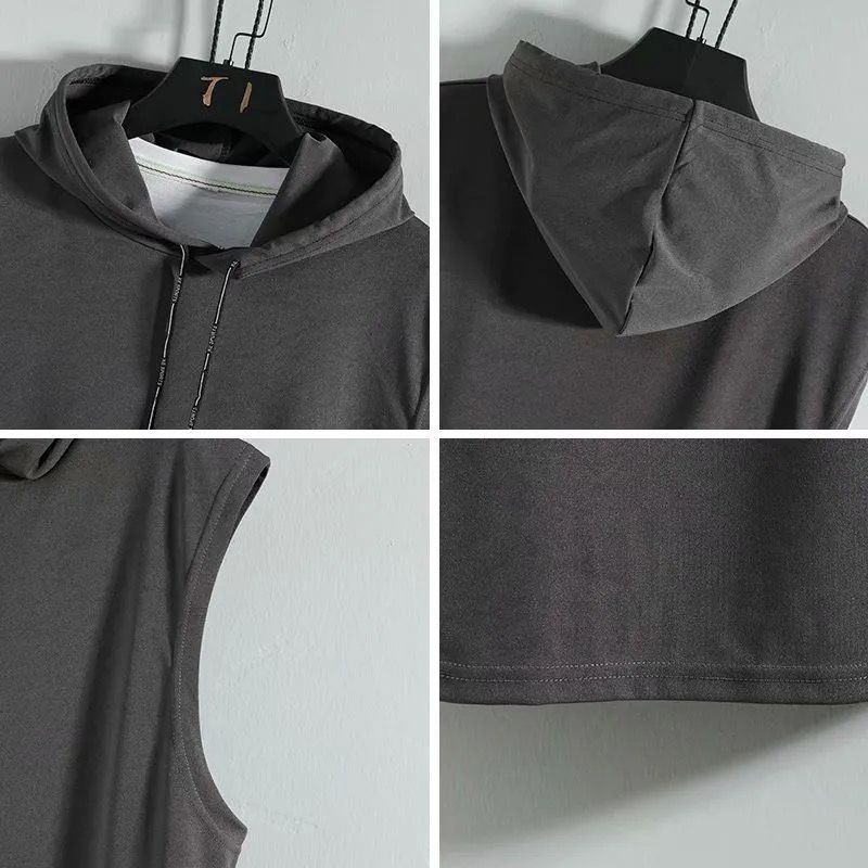 Summer Mens Muscle Hoodie Vest Sleeveless Bodybuilding Gym Workout Fitness Shirt High Quality Vest Hip Hop Sweatshirt Men's Tops-L5