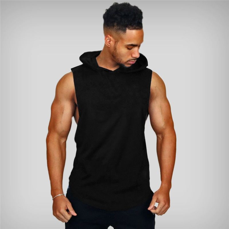 New Men Bodybuilding Tank Tops Gyms Fitness Workout Sleeveless Hoodies Man Casual Solid Hooded Vest Male Muscle Guys Clothing(#Black) HON