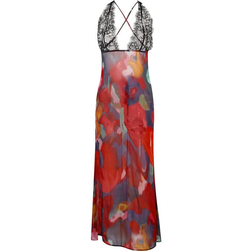 YJ22572 Spicy Girl Open Back Holiday Style Dre Sexy Deep V-neck Lace Splice Printed Strap Long