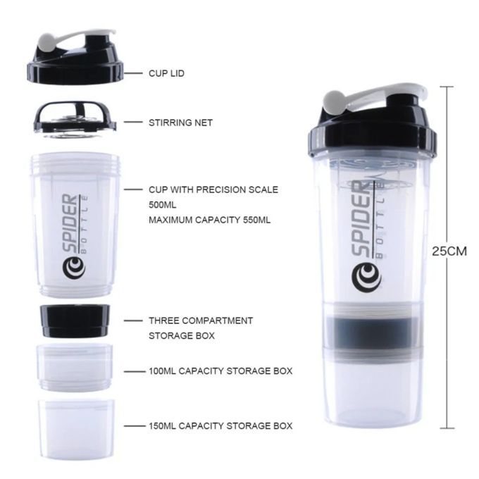 3in1 Whey Protein Shaker / Mixing Blender Bottle - 500ml Sports & Workout Plastic Drink Cup