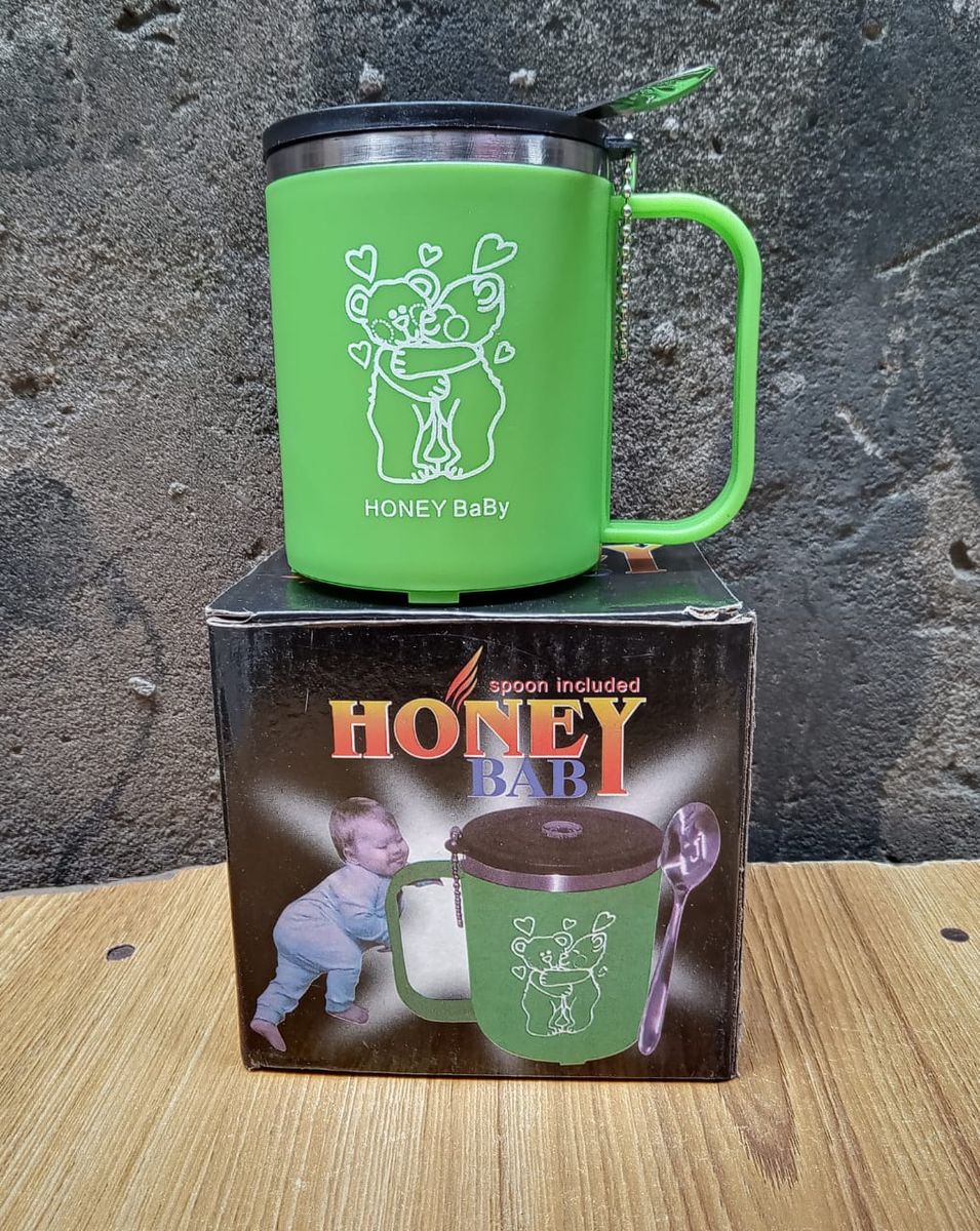 Baby Cup With Cover & Spoon -Outer Plastic & Inner Stainless
