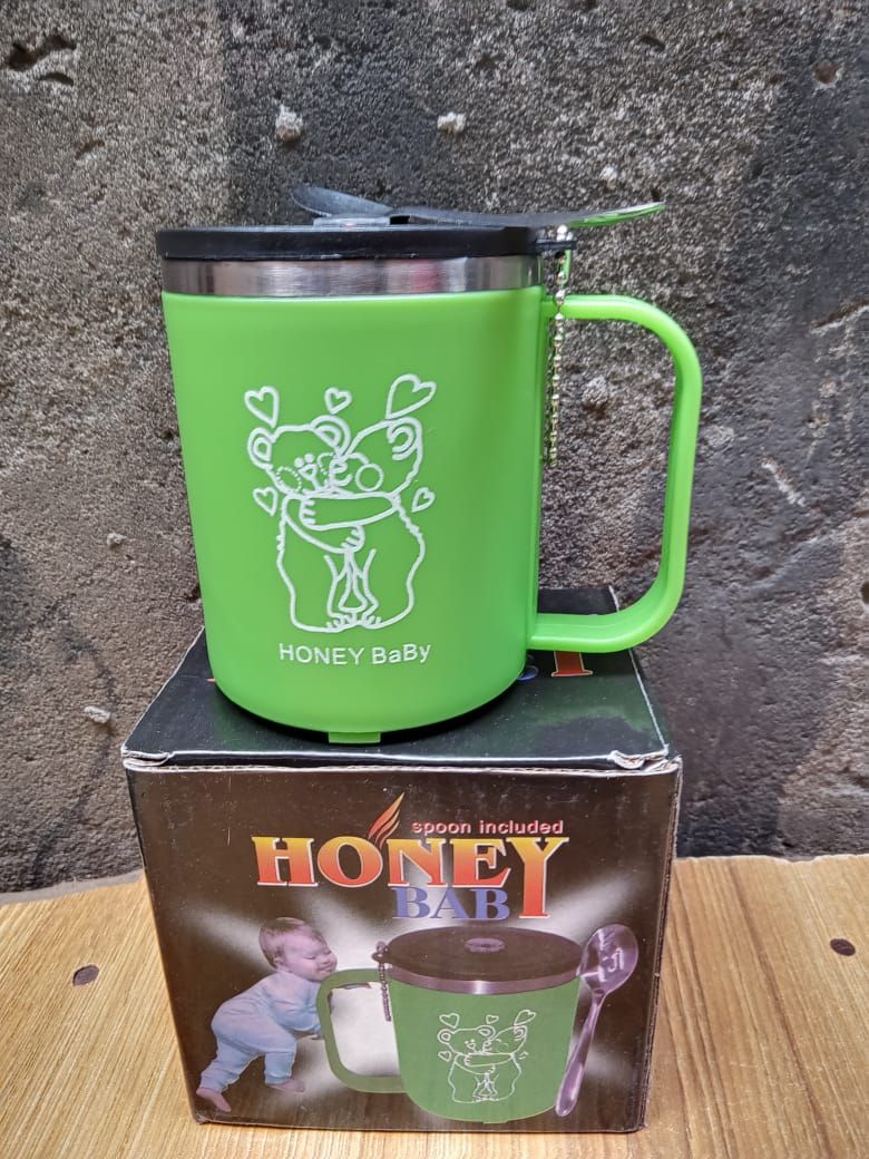 Baby Cup With Cover & Spoon -Outer Plastic & Inner Stainless
