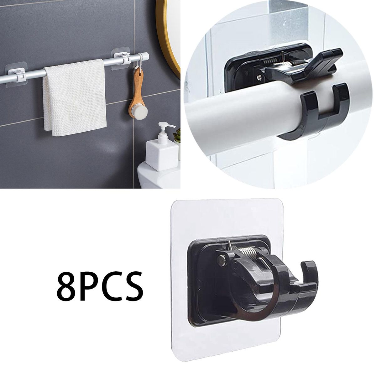 8 PCS Adhesive Curtain Rod Brackets Wall Mount Bracket Rod Fixed Black