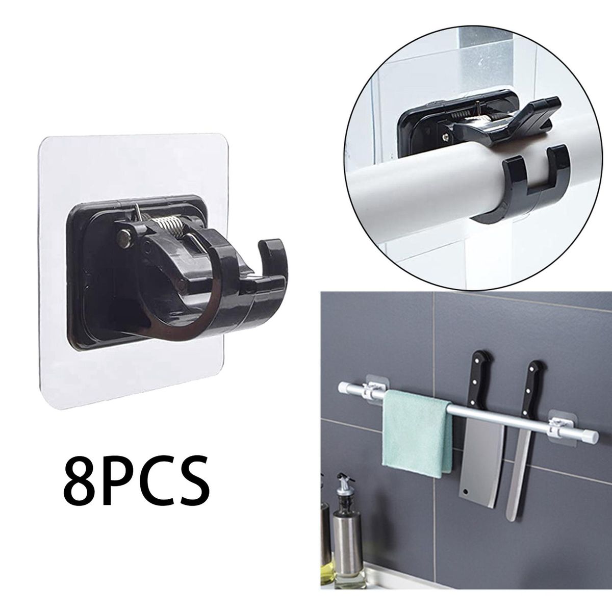 8 PCS Adhesive Curtain Rod Brackets Wall Mount Bracket Rod Fixed Black